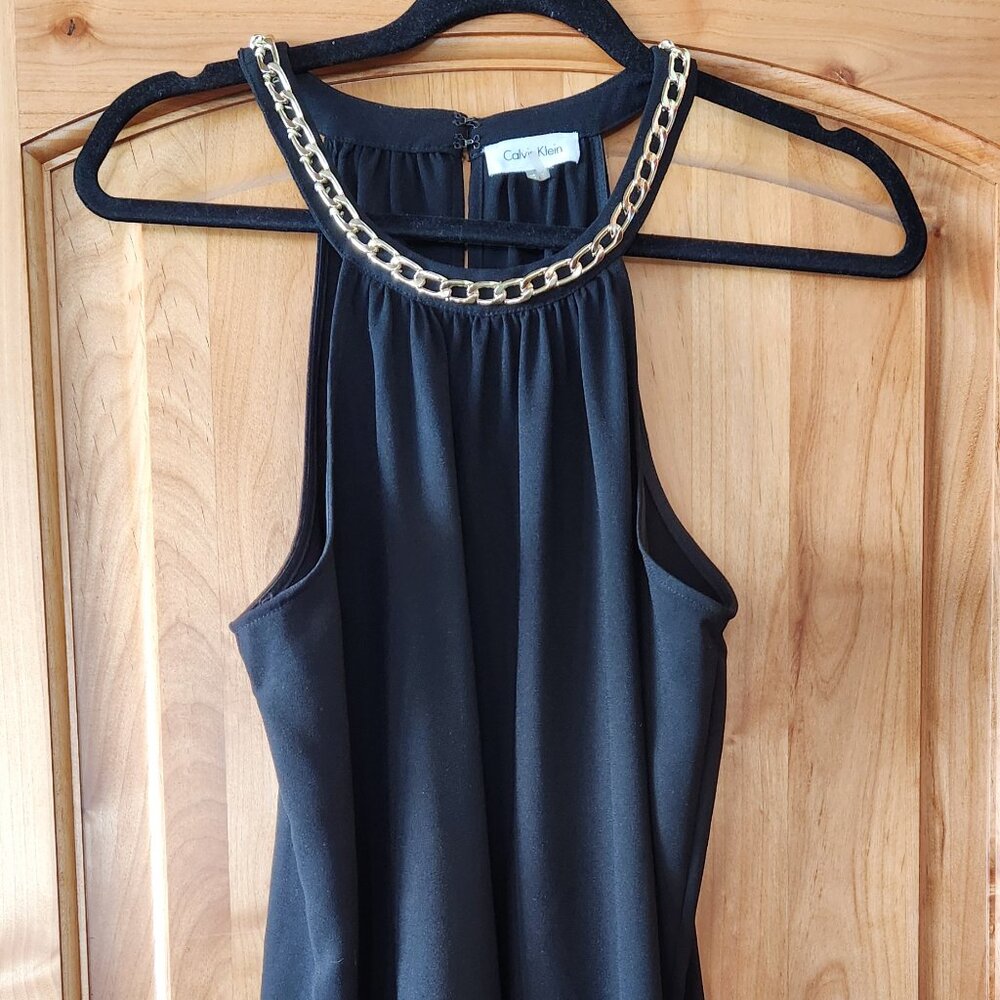 Women's Calvin Klein Black Sleeveless Evening Dress With Gold Chain Size 12